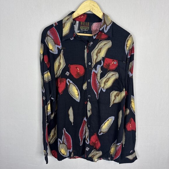 Wear the Right Thing by Hensi Valdise Shirt L Korea 90s Rayon Black Red Gold - Picture 1 of 5